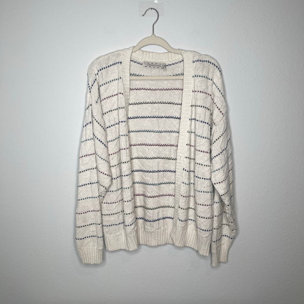 Crossings 100% Cotton Cream Multicolor Striped Knit Cardigan Button Front Medium